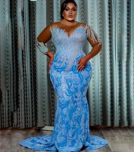 2023 ASO EBI Sky Blue Mermaid Dress Cequined Lace Forki Formal impreza