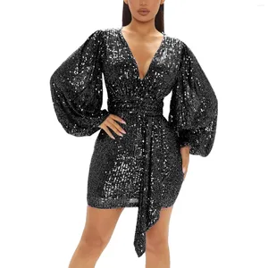 Casual Dresses Sequins V Neck Prom Dress Solid Long Sleeve Sexy Slim Belted Nightclub Party Dressbanquet For Women Plus Size Vestidos