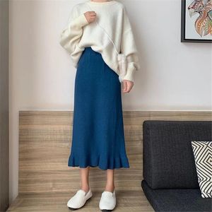 Skirts Women Straight Skirt Plus Size Wool Long Fishtail Autumn Winter High Waist All-Match Knitted Ruffle Female AutumnSkirts