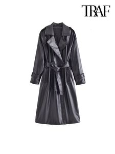 Women's Trench Coats TRAF Women Fashion With Belt Faux Leather Coat Vintage Long Sleeve Flap Pockets Female Outerwear Chic Overcoat 230421
