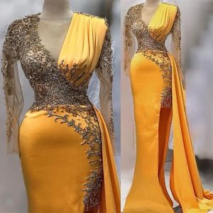 2023 April Aso Ebi Mermaid Yellow Prom Dress Lace Beaded Sexy Evening Formal Party Second Reception Birthday Engagement Gowns Dresses Robe De Soiree ZJ597