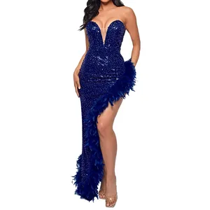 Casual Dresses Ladies Tube Dress Strapless Backless Side Slit Sexy Sequin Feather Hem Gown Celebrity Party Vestidos Fashion Irregular