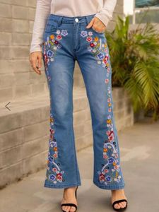 Kvinnors jeans XS-4XL Creative Design Flower Print för kvinnor Slim Mid-midjig blossade byxor plus storlek Kvinnlig personlig denim