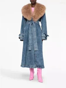 Korki damskie Płaszcze Zdejmowane ekologiczne futrzane futra płaszcz z umyciem zabytkowa niebieska, duża sylwetka długa dżins 2023 jesień i zima