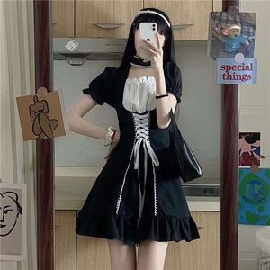 Japon yumuşak kız sevimli tatlı gotik yaz lolita puflu kol punk grunge blac mini elbise dantel içi boş etek seksi kostümler