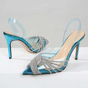 Vestido sapatos novos moda glitter shinestone women bombeia cristal pvc transparente de ponta pontiagueira de salto alto sandálias de tira ladras sapato de casamento