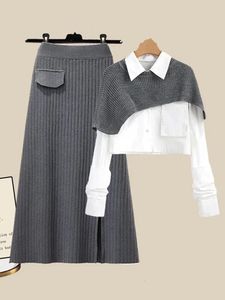 Two Piece Dress Two Piece Dress Spring Autumn Large Size Women's Shawl Shirt Three piece Set High Waist Knitting Half body Skirt Set Women Fashion 3 231120