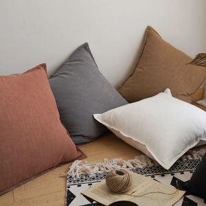 Travesseiro capa de almofada lisa 45x45cm capa de travesseiro de linho marfim cinza escuro café franjado para decoração de casa cama sofá 231122