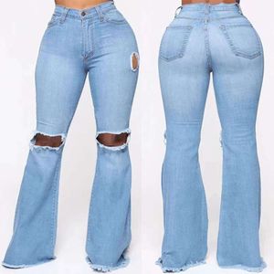 Jeans femininos S-XXXL rasgado para mulheres cintura alta vintage flare com buracos borlas bell bottom jean denim calças atacado marca designer