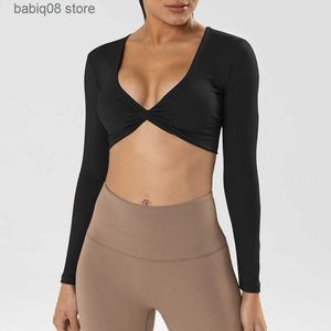 Yoga Outfits VITALINOVO Long Sleeve Gym Crop Tops for Women Twist Deep V Workout Crop T Shirt Top Quick Dry Padded Sports Fitness Yoga Top T230422