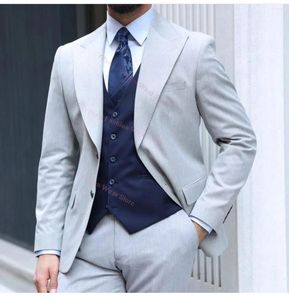 Men's Suits Light Gray Coat Pants Navy Blue Vest Man Suit Elegant Set Luxury Clothing Designer Boyfriend Male Blazer Wedding Ceremony Dress