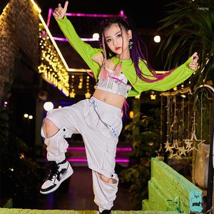 Stage Wear 2023 Hip Hop Dane Clothes For Girls Green Crop Tops White Loose Pants Street Dance Jazz Performance Costumes DN10314
