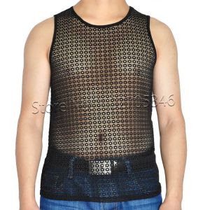 Regata masculina de renda elástica, roupa íntima, colete jacquard, camisa oca de renda, transparente, sem mangas, tops da moda