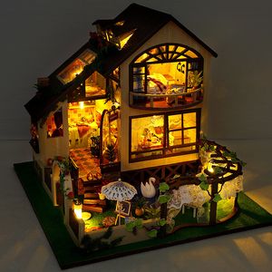 Akcesoria dla lalek DIY Dollhouse Zestaw apartamentu Drewniane Dolne Dolki Drewniane Doliny z meblami LED LED dla dzieci Prezent urodzinowy 230422