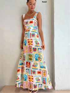 Casual Dresses 2023 Fashion Vintage Print Graphic Straps Slip Maxi Dress Backless Summer Elegant Loose Women Long Streetwear
