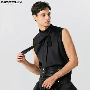 Homens Tank Tops Incerun Homens Sólidos Cetim Turtleneck Sem Mangas Lace Up Coletes Streetwear Verão 2023 Moda Casual Roupas S-5XL