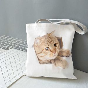 Alışveriş çantaları sevimli kedi baskı çanta moda hayvan deseni bir omuz alışveriş çantası gündelik sanat el yelken çantası