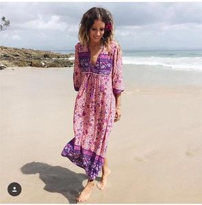 Casual Dresses Super Chic Pink Floral Bohemian Style Long Dress Women Sleeve Rayon Autumn Tassle V-Neck Boho