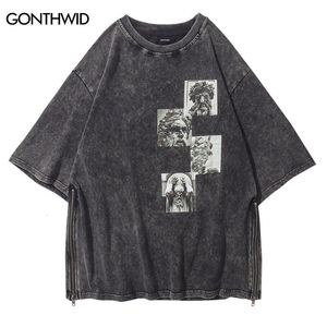 Męskie tshirty vintage tshirt streetwear men posągi nadruku w trudnej sytuacji zamek błyskawiczny hip hop hajuku casual bawełniane punkowe koszule gotyckie koszule 230421