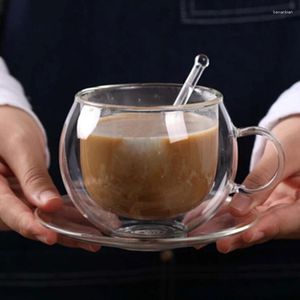 Mugs 250mL European Style Heat-resisting Double Wall Glass Coffee Cup With Saucer Spoon Creative Milk Juice Mug Gift For Friend