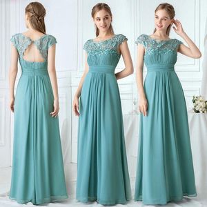 Brautjungfernkleid Elegante Spitzenkleider Offener Rücken Geraffte Büste Flügelärmel Lange Chiffon Hochzeit Party Plus Size Trauzeugin