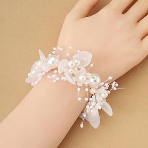 Braccialetti a maglie Polso da sposa Fiore Corpetto di perle Cerimonia Prom Bracciale da sposa Decorazione a mano per la sposa damigella d'onore H9