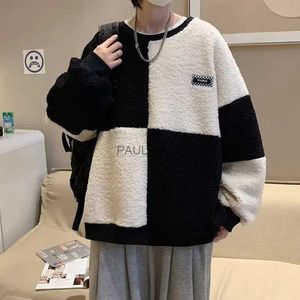 Herrtröjor tröjor harajuku lapptäcke man tröjor lamm hår o-hals långärmad pullover hoodies koreanska mode mäns kläder par kläd231122