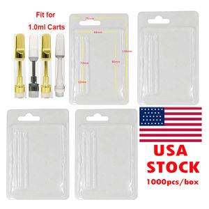 USA Stock Blister Pack Cases Vape Cartridges Packaging 1 ml 0,8 ml Rensa PVC -hängare Tjock olja Atomizers Package Plastic Clamshell Case E Cigaretter 1000pcs Box