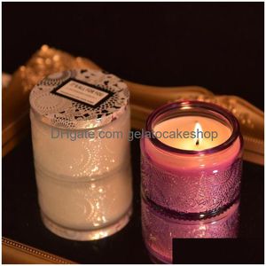 Candles Embossed Glass Cup-Scented Candle Smokeless Sleep Essential Oil Handmade Aroma Wedding Birthday Gifts Drop Delivery Home Gard Dhvmr