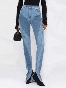 Moda Kadınlar Kot İnce Yapısız Panel Patchwork Yüksek Bel Bölünmüş Mavi Uzun Denim Pantolon Sonbahar Toptan Marka Tasarımcısı