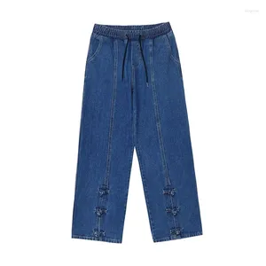 Męskie dżinsy 2024 Wiosna letnia streetwear workową modę podzieloną z guzikiem luźne proste szerokie nogi niebieskie spodnie dżinsowe dla mężczyzn