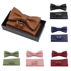 Bow Ties PU Leather Cufflink Set Solid Color Bowtie Handmade Butterfly With Box Wedding Party Neck Wear Tie Novelty Gift