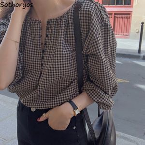 Chemisiers pour femmes Chemises Chemisier Bouton Fly Plaid Imprimé Oneck Vintage Casual Lâche Tops Chic À La Mode Doux Designer Rétro Vêtements 230421