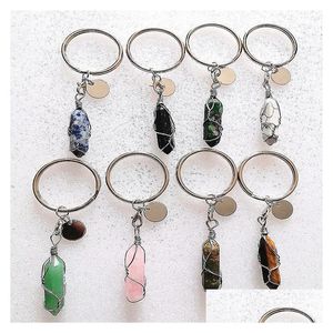 Keychains Lanyards Wire Wrap Reiki Healing Natural Shape Stone Keychains Chakra Amethyst Pink Rose Crystal Key Rings Keyrings Women Dh7xb