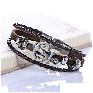 Charm Bracelets Genuine Leather Anchor Bracelets For Men Mtilayer Braided Fashion Vintage Punk Rock Women Alloy Beads Bangles Hands Ma Dhgpy