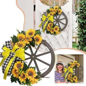 Decorative Flowers Summer Family Wheel Sunflower Wreath Farmhouse Simulation Flower Wooden Disc Door Hanging Boxwood Heart