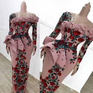 Classy Gorgeous Flowers Evening Dresses Embroidery Stylish Crystal Sheath Long Sleeves Prom Dress Dinner Reception Party Gowns Formal African Lace Reception Gown