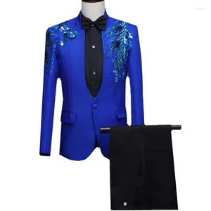 Men's Suits Fashion Men Business Sequin Suit 2 Piece Blue / Red Classic Wedding Dance Party Performance Dress Blazer And Pants