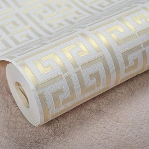 Papel de parede geométrico moderno contemporâneo, neutro, chave grega, design, pvc, para quarto, 0, 53m x 10m, rolo, dourado, branco241c