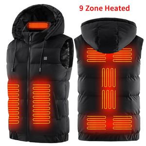 Coletes masculinos 9 zona aquecida mulheres sem mangas colete aquecido jaqueta homens usb roupas quentes inverno ao ar livre colete de aquecimento elétrico com capuz M-7XL 231122