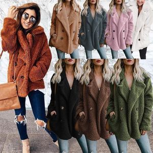 Misturas de lã feminina Autumn Winter Women Woman Woolen Coat Faux Fur-Turn Down Pockets Logo