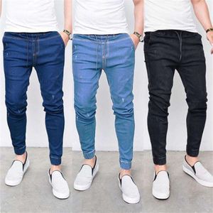 Calças de brim dos homens com cordão fino lápis calças dos homens streetwear calças de comprimento total biker jeans masculino moda calças frete grátis