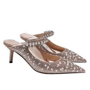 Rhinestone och Pearl Toe-Toe Sandals for Women, Fairy Style, Empty Back, Stiletto Half-Slippers, High-Heeled Sandals för yttre slitage