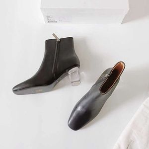 Row Leather Full Shoes Crystal одно квадратные каблуки модные ботинки осень и зима сплошная боковая молния высокая шорт для женщин 3B3O 2024