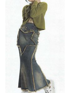 Spódnice damskie dżinsowe spódnica moda styl retro gwiazda patchwork impreza klub swobodna wiosna jesienna lato latem High Street Long Dress P230422