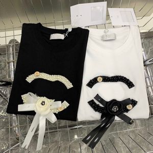 レディース Tシャツ デザイナー 23ss レディース 婦人服 t ラウンドネック コットン 重工業 パール プリント リボン 半袖 tシャツ 服 a1 8AF2