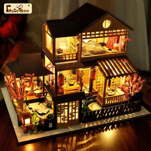 Doll House Accessories SweetBee Diy Dollhouse Kit 1/48 Japanese Building Miniature Doll Hous med möbler LED -lampor för barns födelsedagspresent 230422