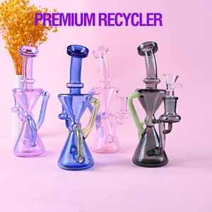 ユニークなクラインガラスリサイクラーダブリグ、8インチ機能ピンクガラス水パイプボン、ガラスバンガー付きのかわいい新しいガラス喫煙パイプ