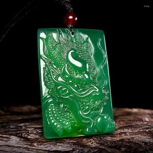 Colares Pingente Grau A Verde Jade Dragão Com Corrente De Corda Myanmar Jadeite Certificado Chinês Zodíaco Encantos Amuleto Colar