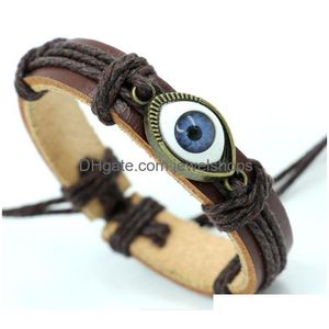 Charme Pulseiras Evil Eye Trançado Pulseira De Couro Genuíno Homens Bangle Uni Ajustável Preto Marrom Cor Vintage Moda Jóias Presente Para Dhyya